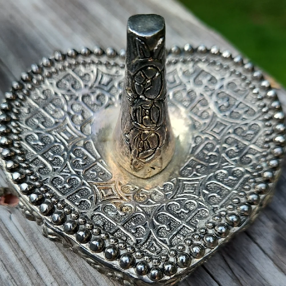 2 Pc Vintage Silver Heart-Shaped Jewelry Organizer Set Ring Holder Trinket Box
